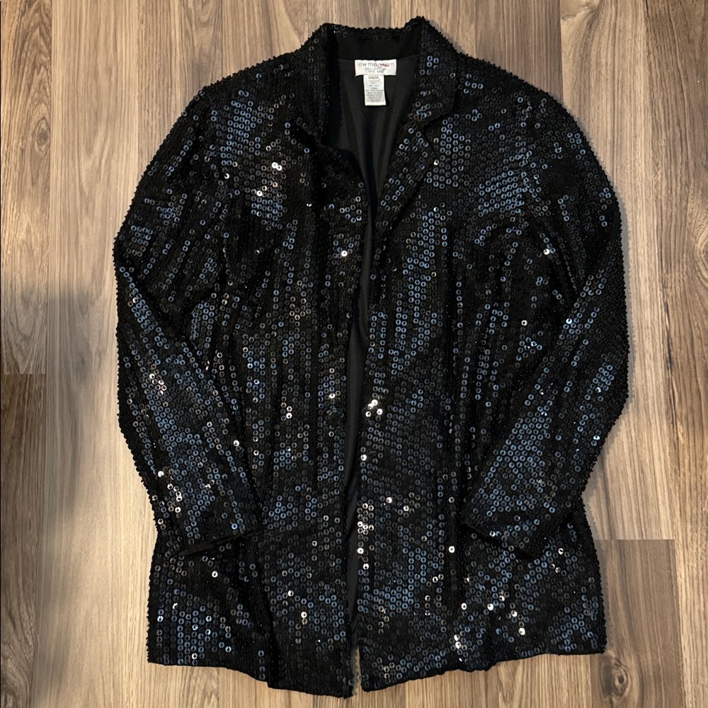 Lew Magram SILK Vintage Sequin Black Glitzy Lined Button Up Long Jacket L